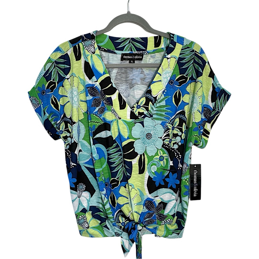 Thomas  Olivia Tie Floral Short Sleeve Vneck Blouse Xl Brand New Top